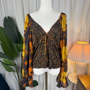 Anthropologie CONDITIONS APPLY Boho Statement Sleeves Smocked Blouse Large